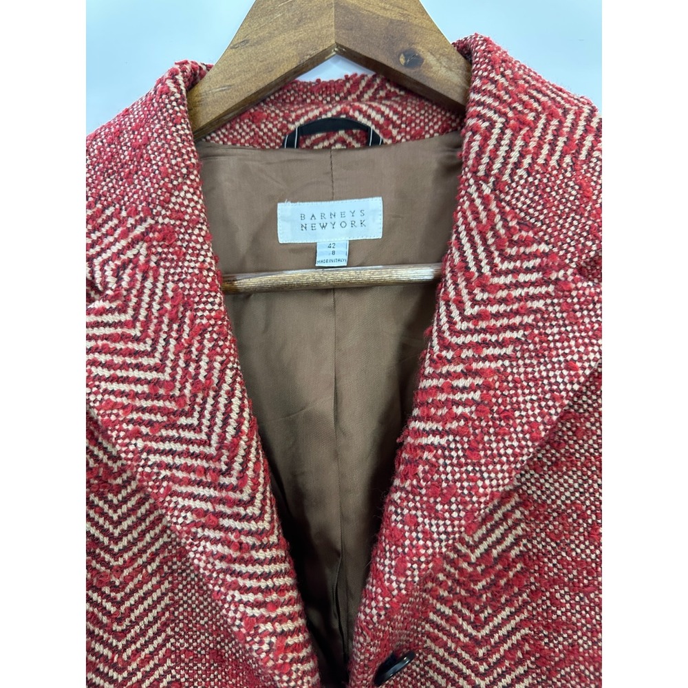 Barneys New York Herringbone Wool Tweed Overcoat Red Tan Italy Size 8 Long Coat - Picture 13 of 16